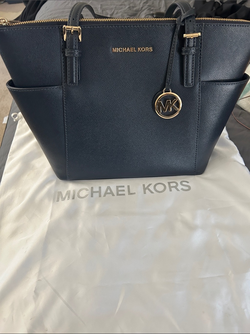 Michael Kors Navy Saffiano Leather Tote with Gold Hardware